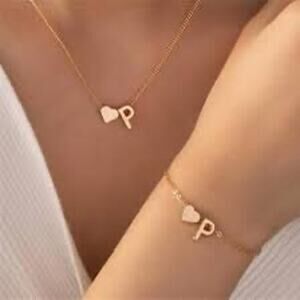 NWT personalized letter initial gold necklace and bracelet set LETTER P